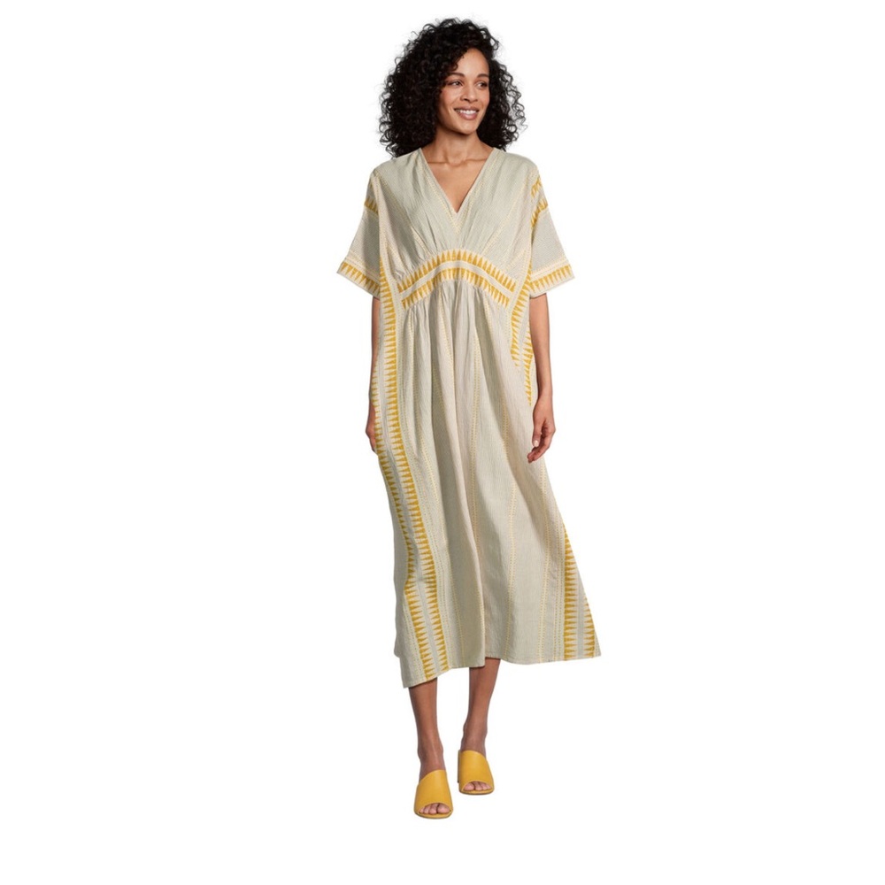 World Market Womens Mustard Ivory Embroidered Kaftan Dress Size Free Size